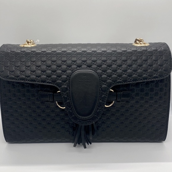 Gucci Emily Guccissima GG Logo Black Leather Shoulder Bag New - Picture 17 of 17